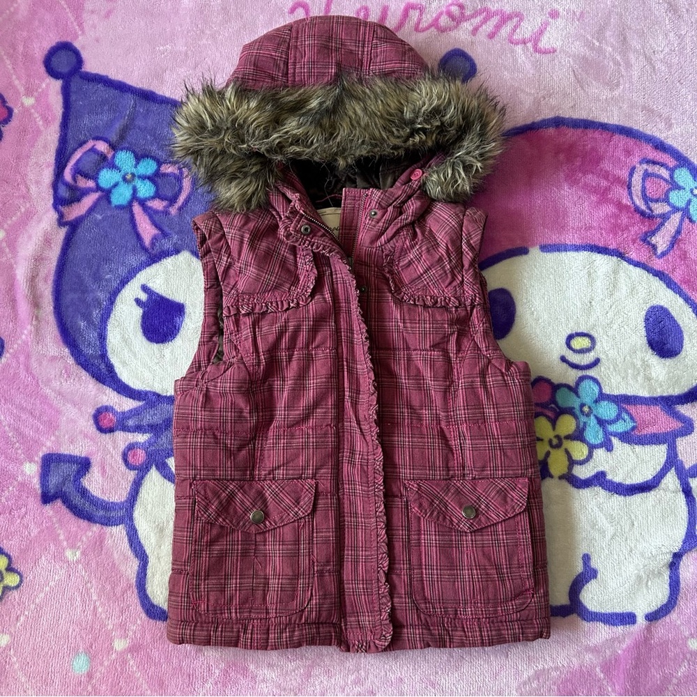 Aeropostale Pink Plaid Vest with Faux Fur Hood